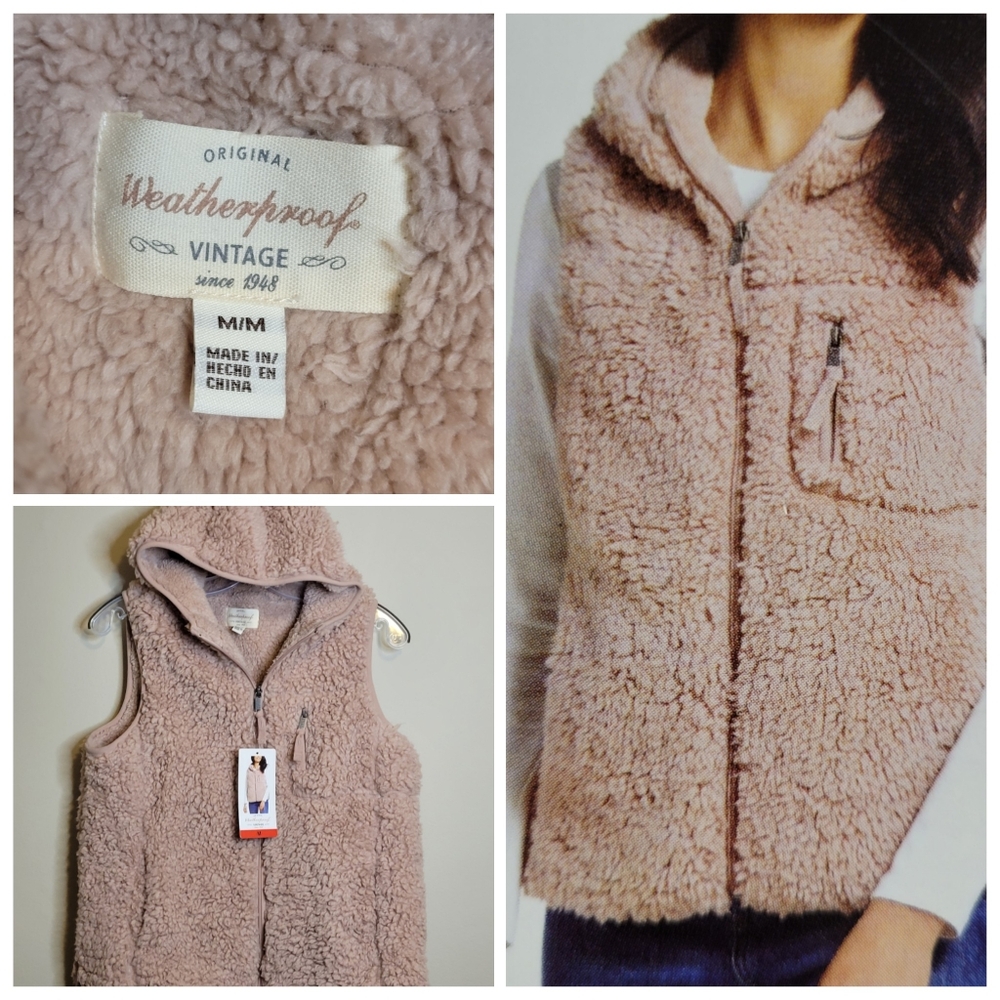 NEW M WEATHERPROOF VINTAGE FURRY SHERPA ZIP VEST POCKETS HOODIE HOOD MEDIUM NWT
